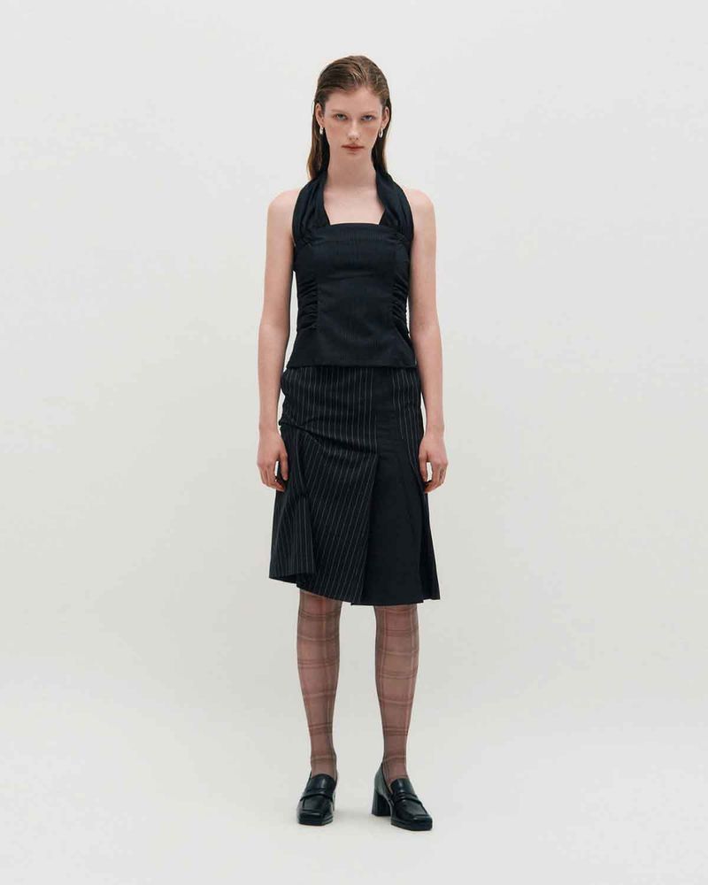 Wide Tie Stripe Halter Top _ BLACK