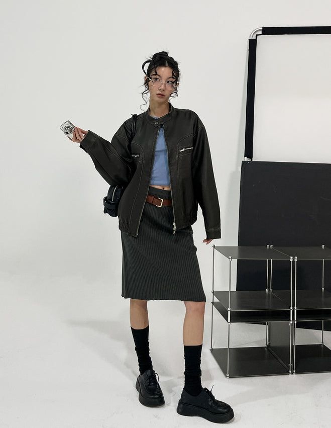 Gross cut washed leather jacket