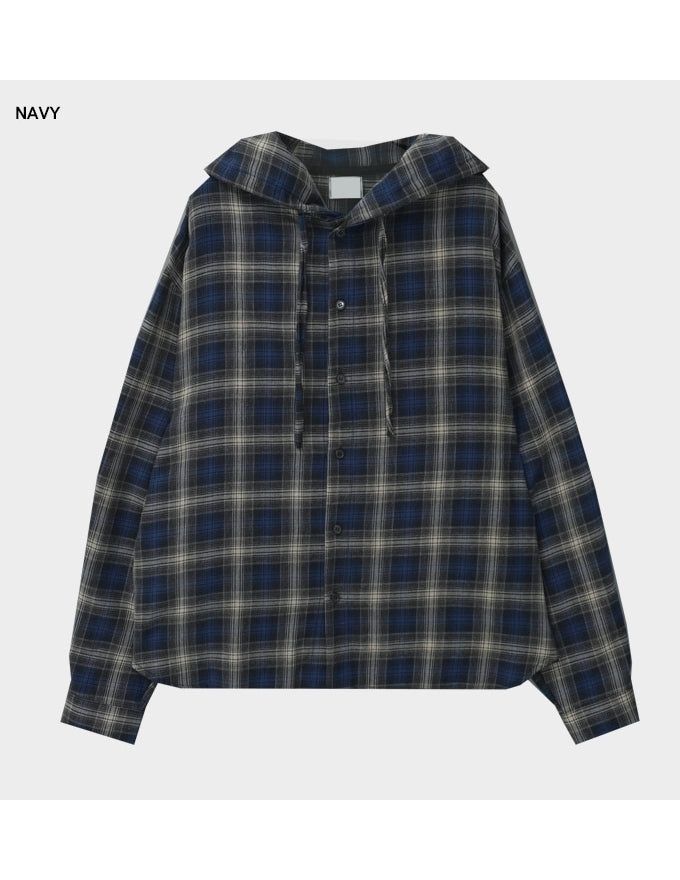 Retro flannel check hood shirt