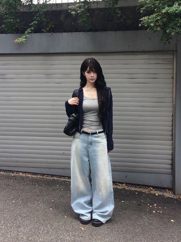 Bomshu Wide Washing Denim Long Pants