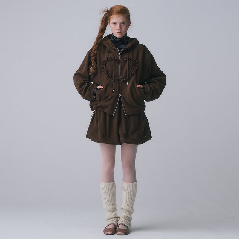 FRILL HEART HOODIE, BROWN