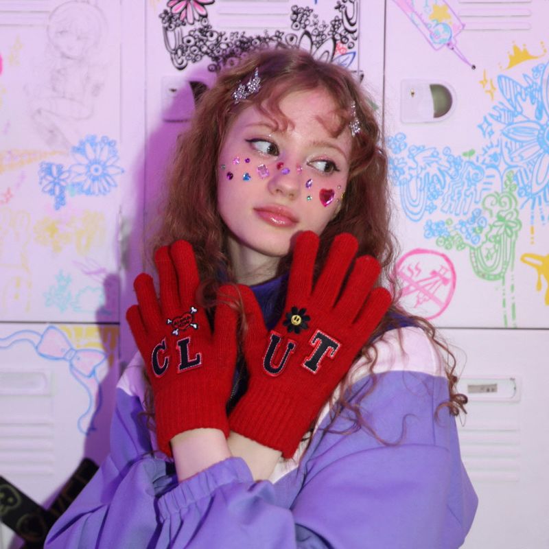 0 5 patch wool knit gloves - RED