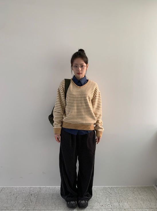 Ttet Stripe Wool V-Neck Knit
