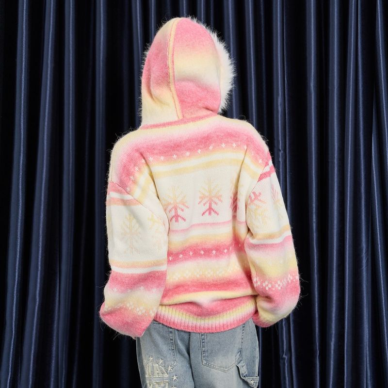 Snow Gradation Fur Hood Knit Zip Up