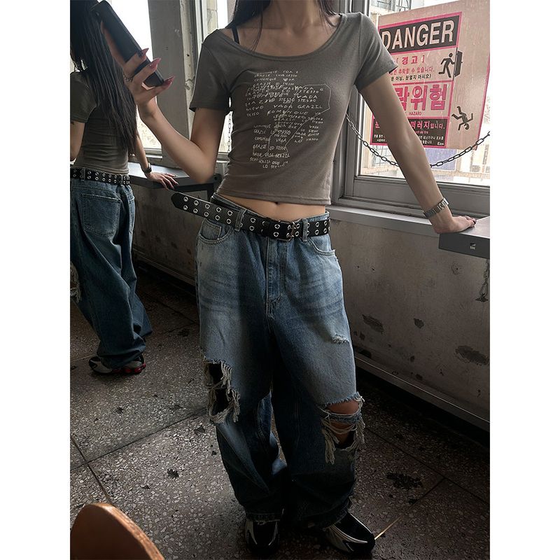  [Unisex] Knee destroyed wide denim pants