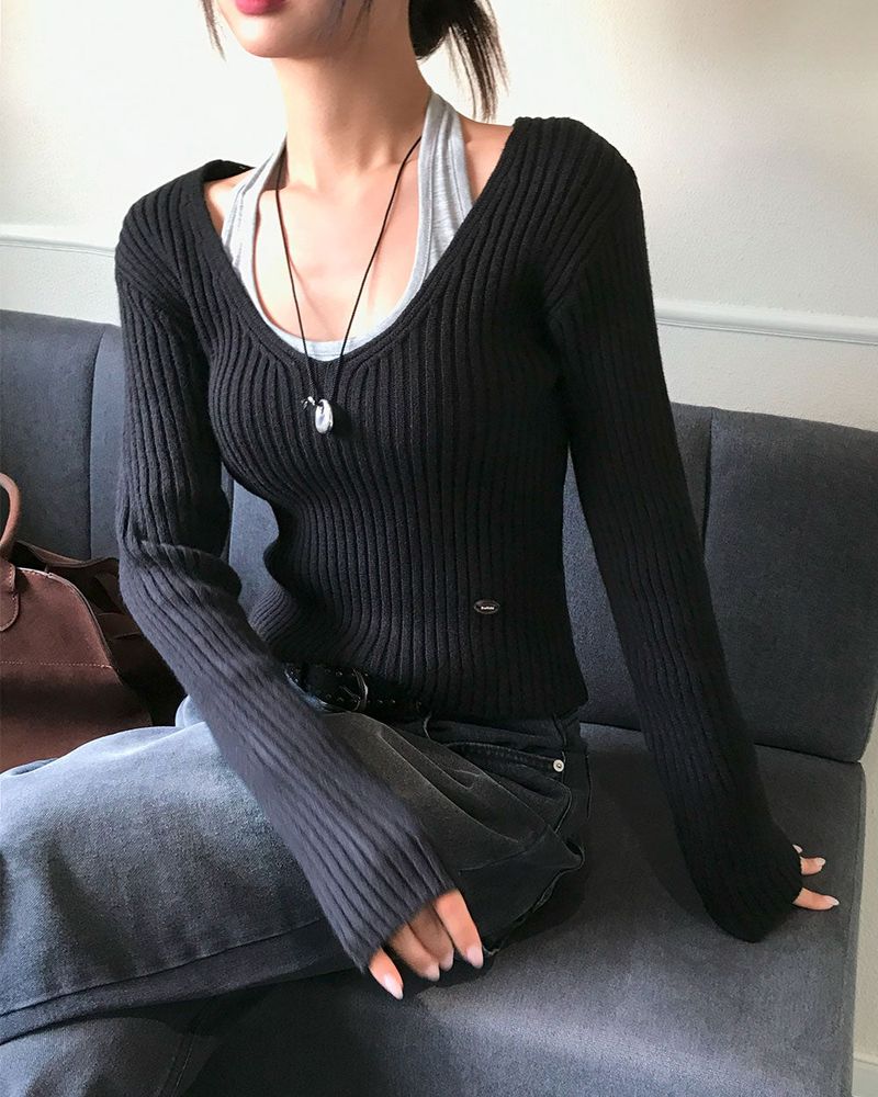 Yami Ribbed Deep V-Neck Knit