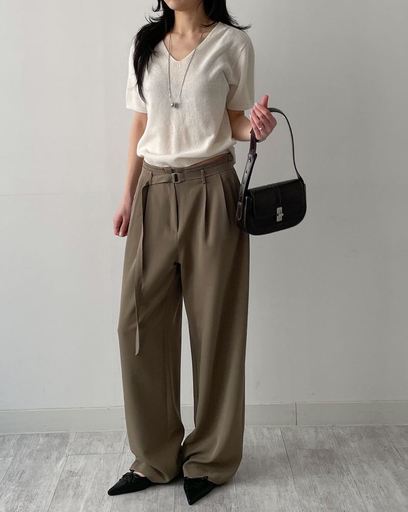 Marron Belted Two-Tuck Wide Slacks