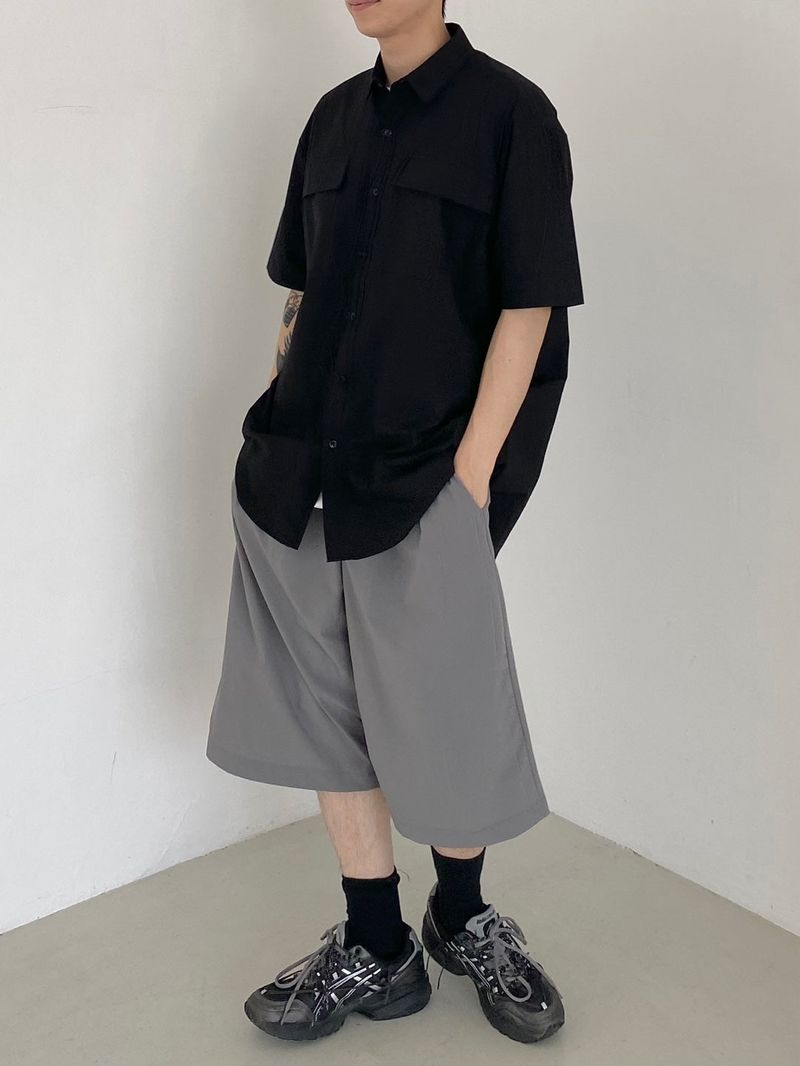 Two tuck wide banding half pants 2C