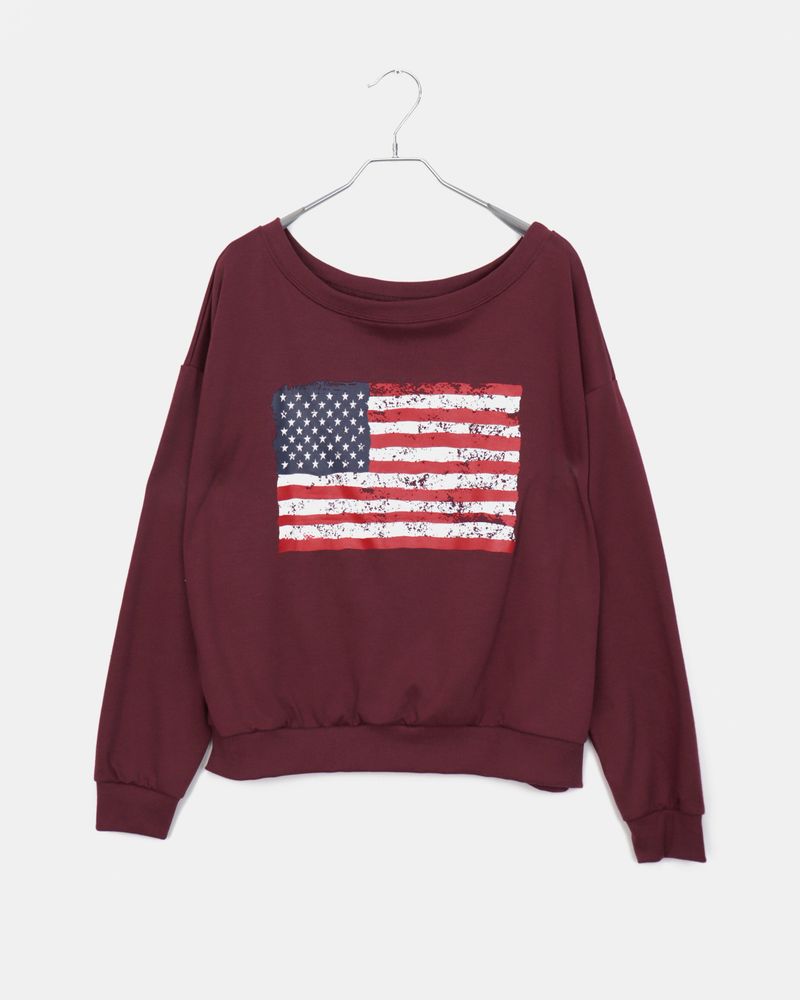 Murhit American Flag Printed One-Off Shoulder Long Sleeve Sweatshirt