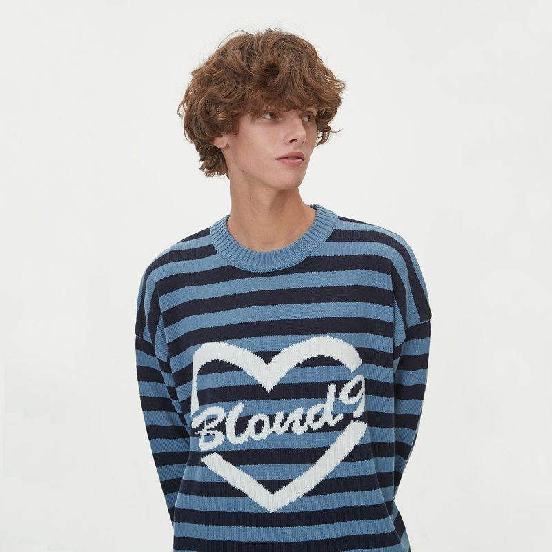 STRIPE HEART ROUND NECK KNIT_BLUE
