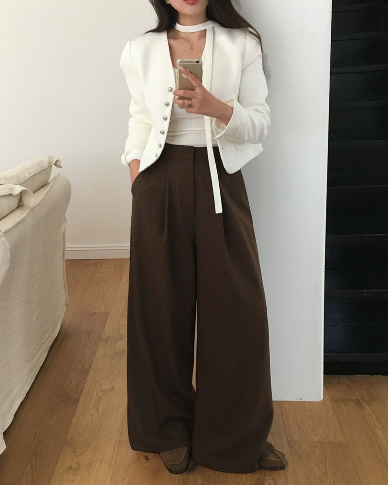 No-Collar Tweed Jacket with Tie Set