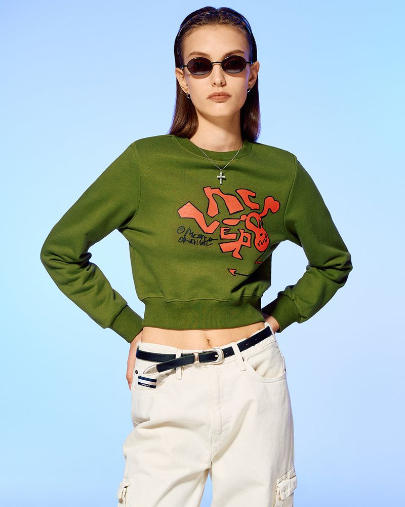 DEVIL HEAD LOGO CROP SWEATSHIRT-OLIVE