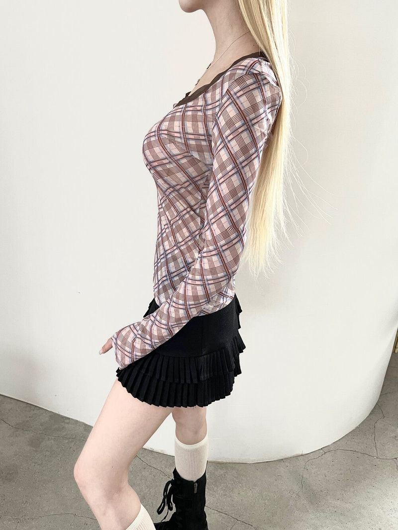 1464. Check mesh long sleeve T (2color)