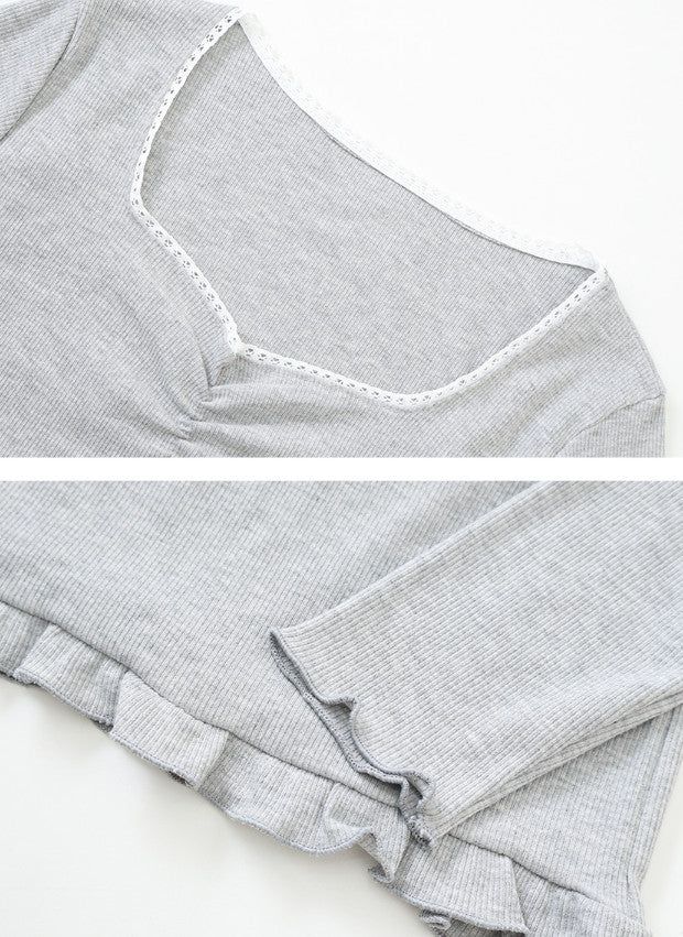 Lua Shirring Lace Frill Rib T-Shirt (4color)