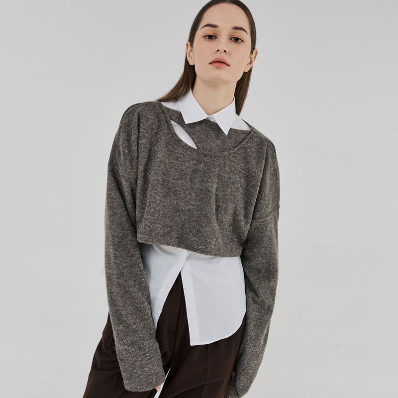 FREIHEIT(フライハイト)の「CUT OUT 2-WAY WOOL CROP TOP (BROWNGRAY)(Tops)」