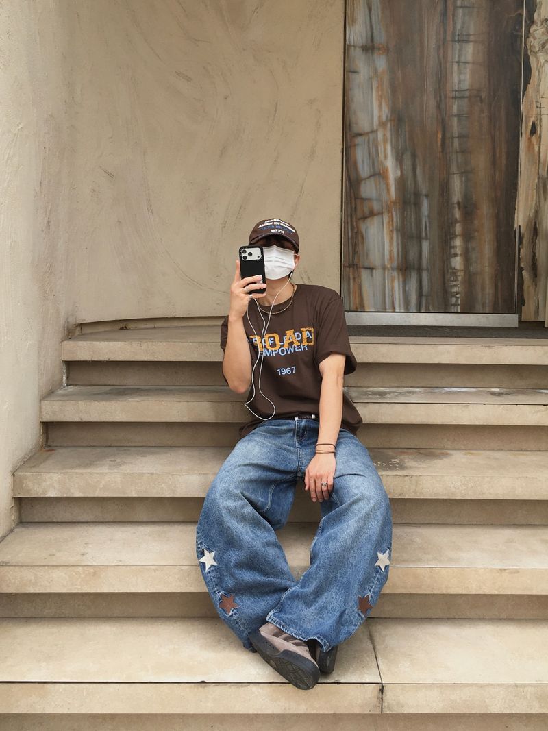 Star embroidered denim pants (middle blue)