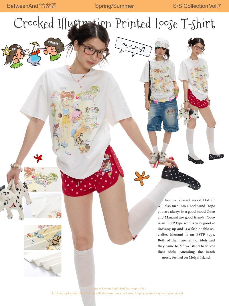BETWEENAND Summer white printed loose-fit short-sleeve women’s shirt, new style pure cotton round-neck T-shirt, couple’s version