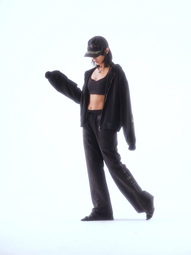 WASHED DISTRESSED RANDOM STITCH HOT-STUDDED DRAWSTRING SWEATPANTS