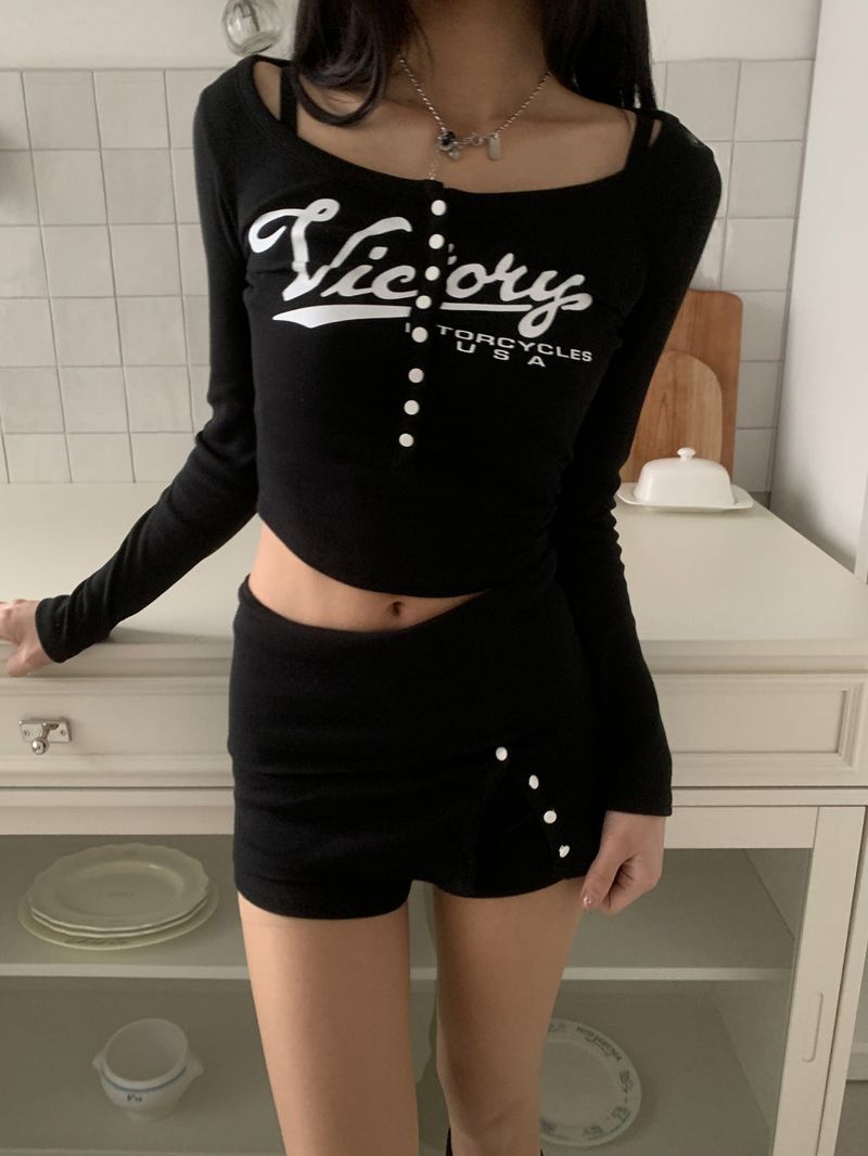 Color Block Button Round Neck Long Sleeve Tee (3 colors)