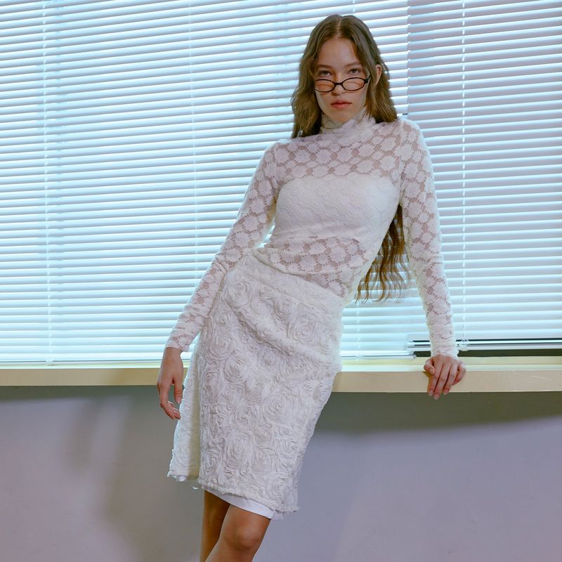 Chiffon Flower Midi Skirt (WHITE)