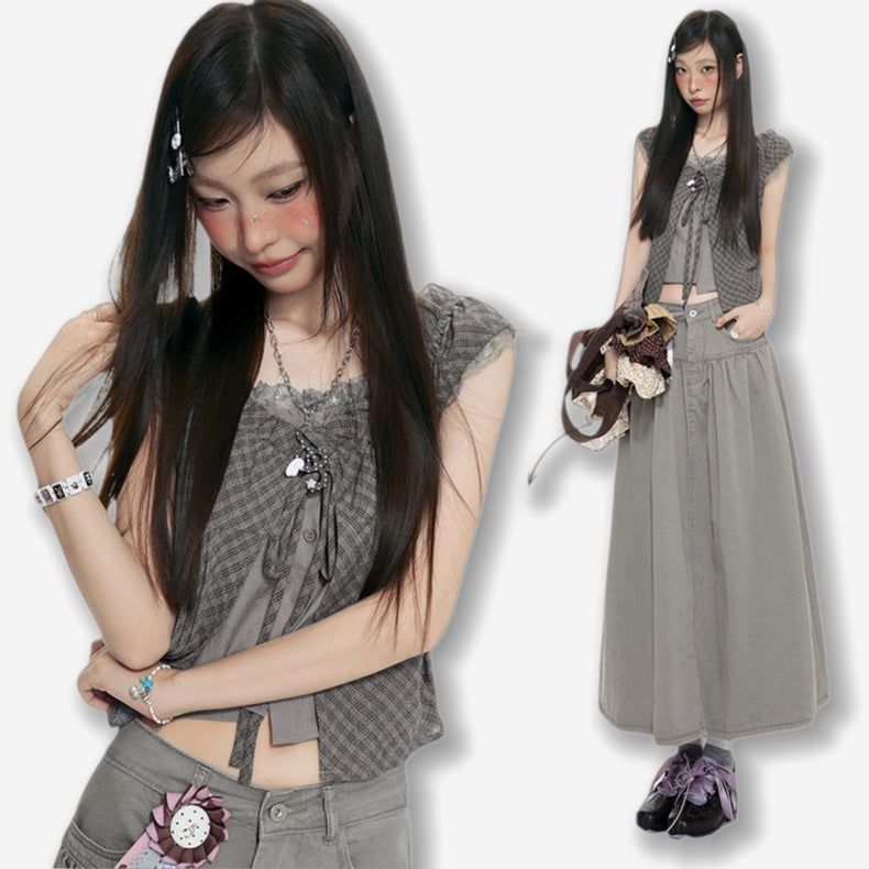 La mode MAQI（ラ モード マキ）の「Lace-Up Plaid Faux Two-Piece Top（Tops）」