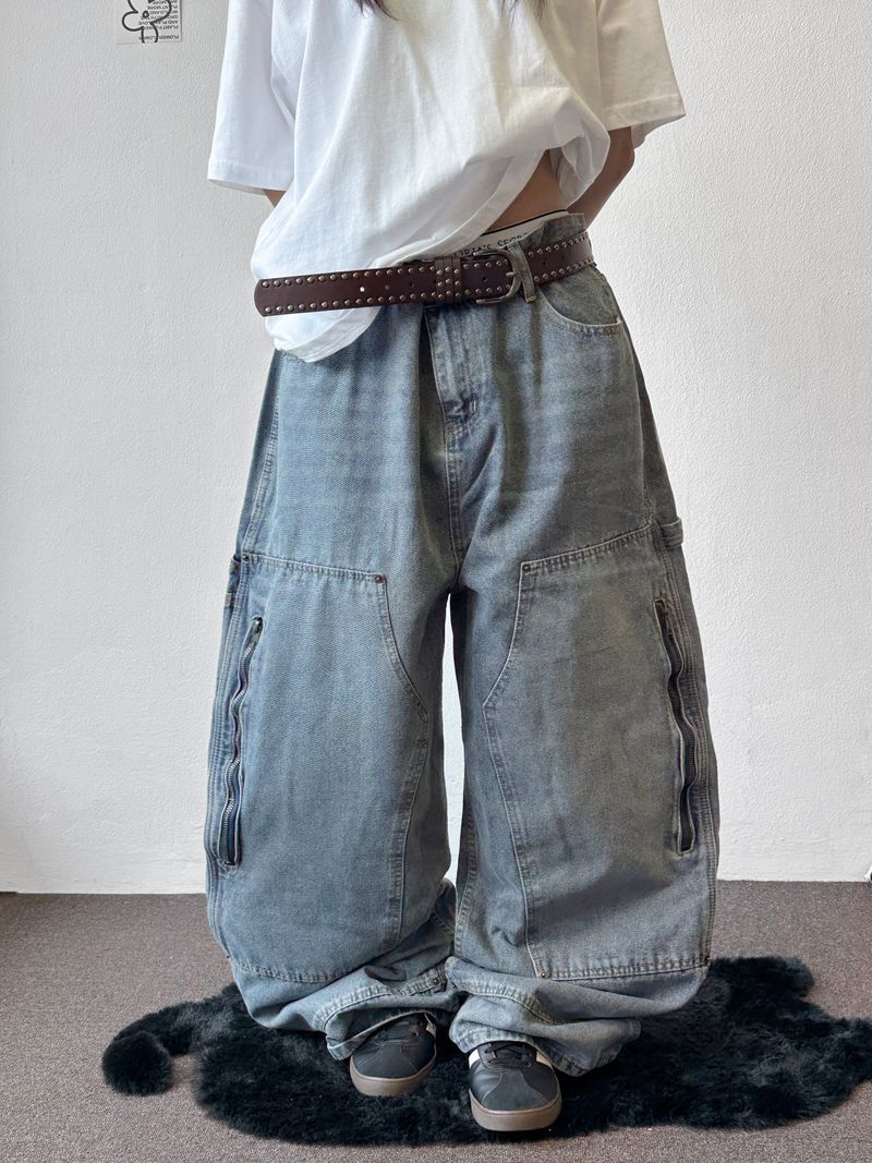Kuchi Side Carpenter Zip Wide Balloon Pants 3color