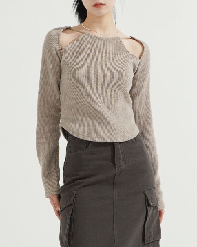 3 Hole String Neckline Ribbed Top