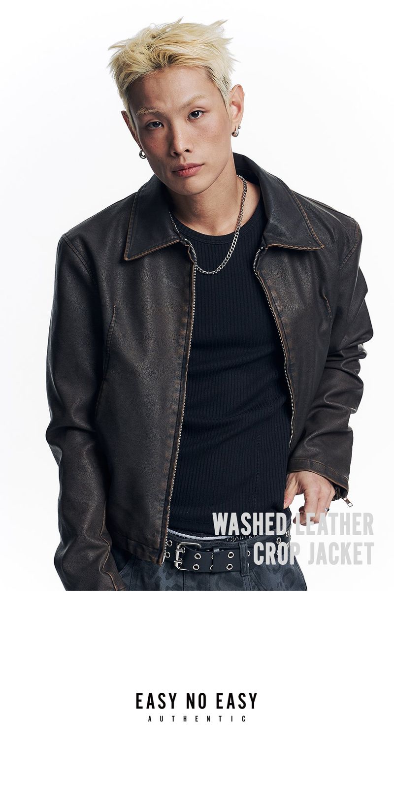 Washed Leather Crop Jacket - Brown