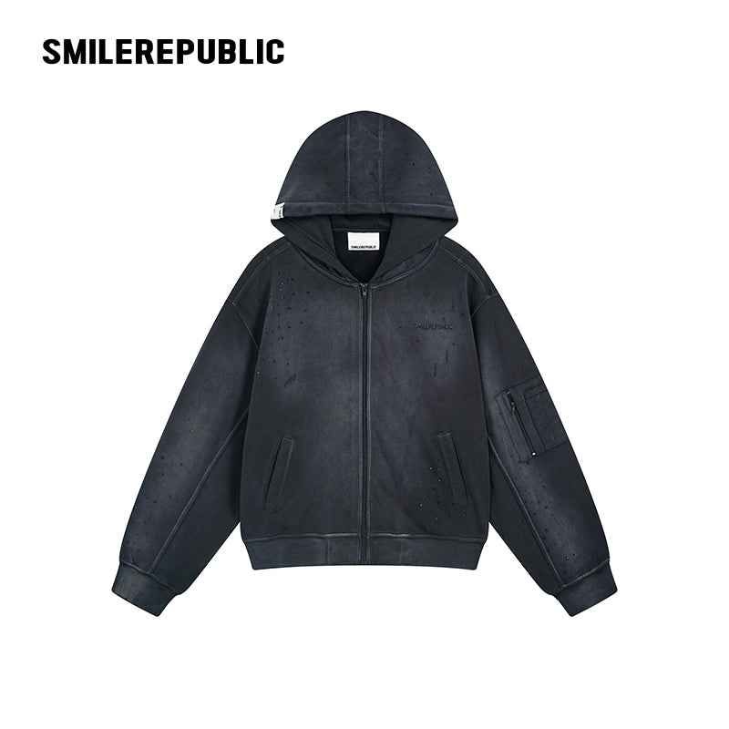 SMILEREPUBLIC（スマイルリパブリック）の「Distressed Cotton Rhinestone Embellished Full Zip Hoodie with Utility Sleeve Pocket, Oversized Streetwear Style（Tops）」