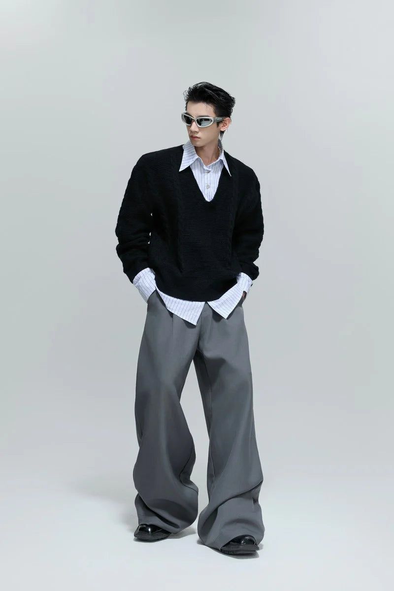 Layered V-Neck Cable Knit Sweater