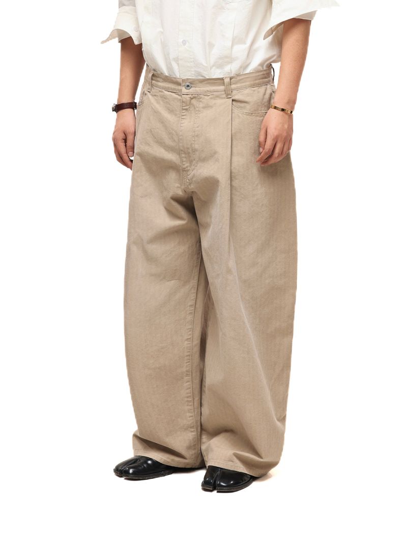 6CRAYON Khaki Classic Herringbone Washed Wide-Leg Trousers