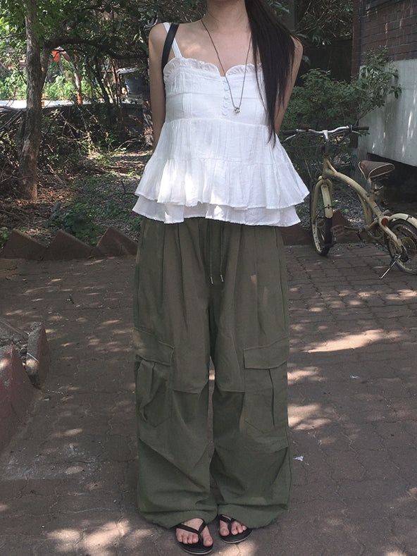 Mealing Frill Button Lace Flared Sleeveless Blouse