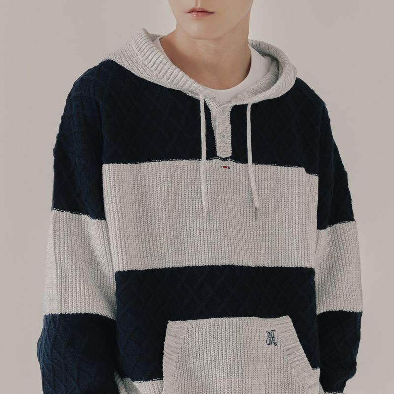 ROMANTIC CROWN（ロマンティッククラウン）の「STRIPE RIB KNIT HOODIE_LIGHT GREY（Tops）」
