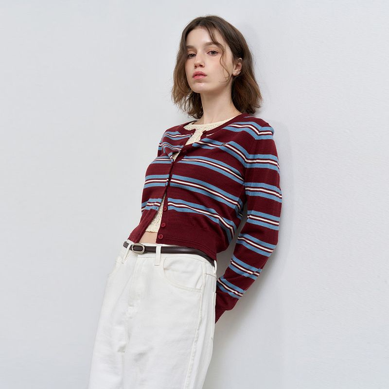 GENERAL IDEA（ジェネラルアイディア）の「WOMAN Multi Striped Knit Cardigan [BURGUNDY]（Tops）」