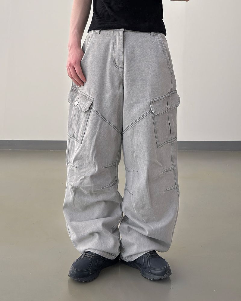 Bion Gray Wash Cargo Denim Pants
