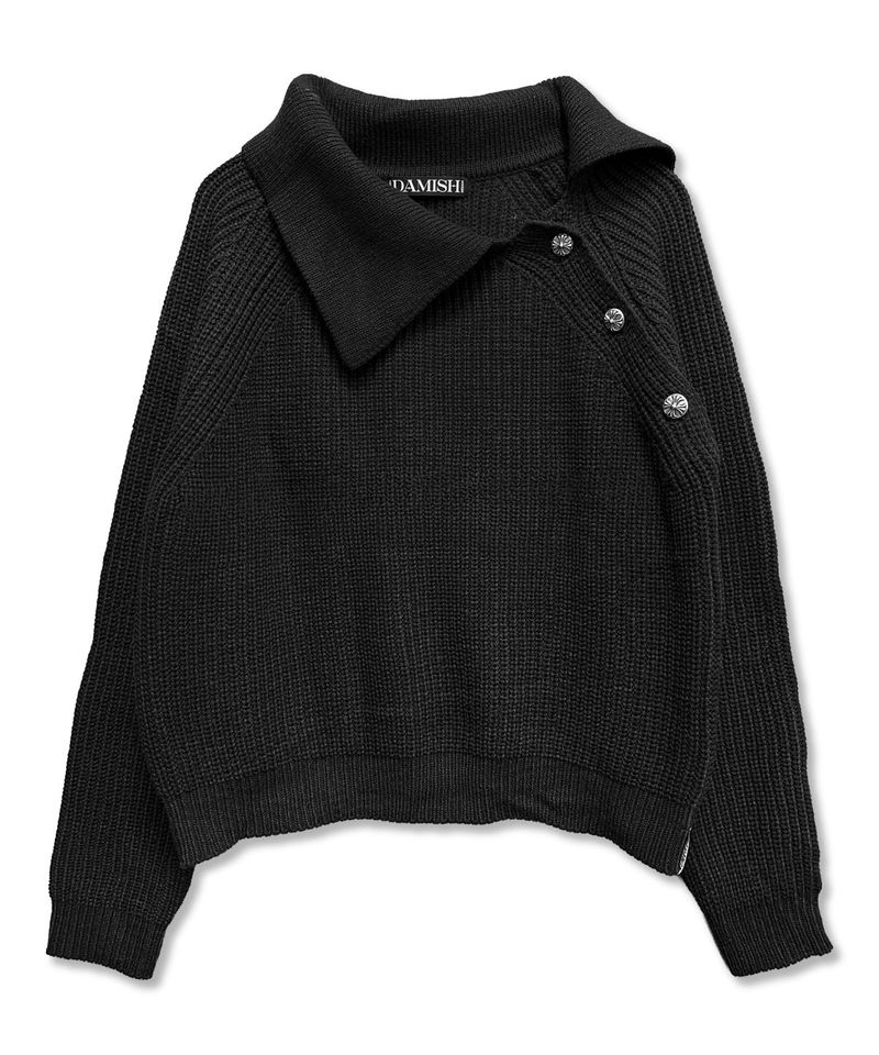 Oblique Collar Cross Button Knit_Black