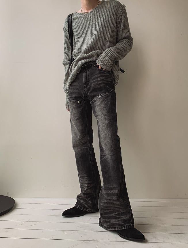 Groove cat-washed rivet flare denim pants