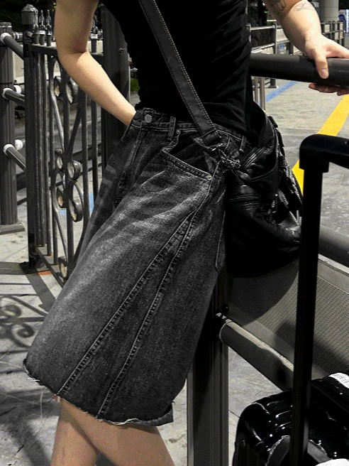 Black Washed Denim Bermuda Shorts Pants
