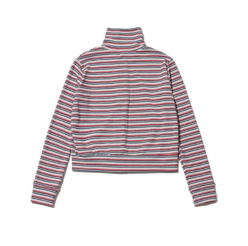 STRIPED HIGH NECK BUTTON CARDIGAN - GRAY