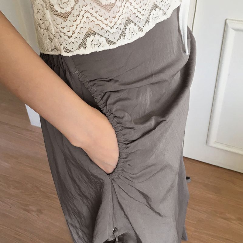 [MADE] Kishi eyelet ribbon shirring pocket Nylon long skirt