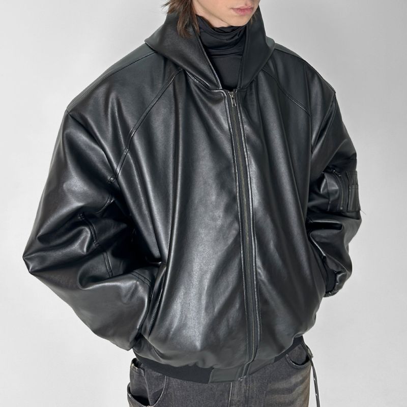 HOODED ARTIFICIAL LEATHER BOMBER JACKET