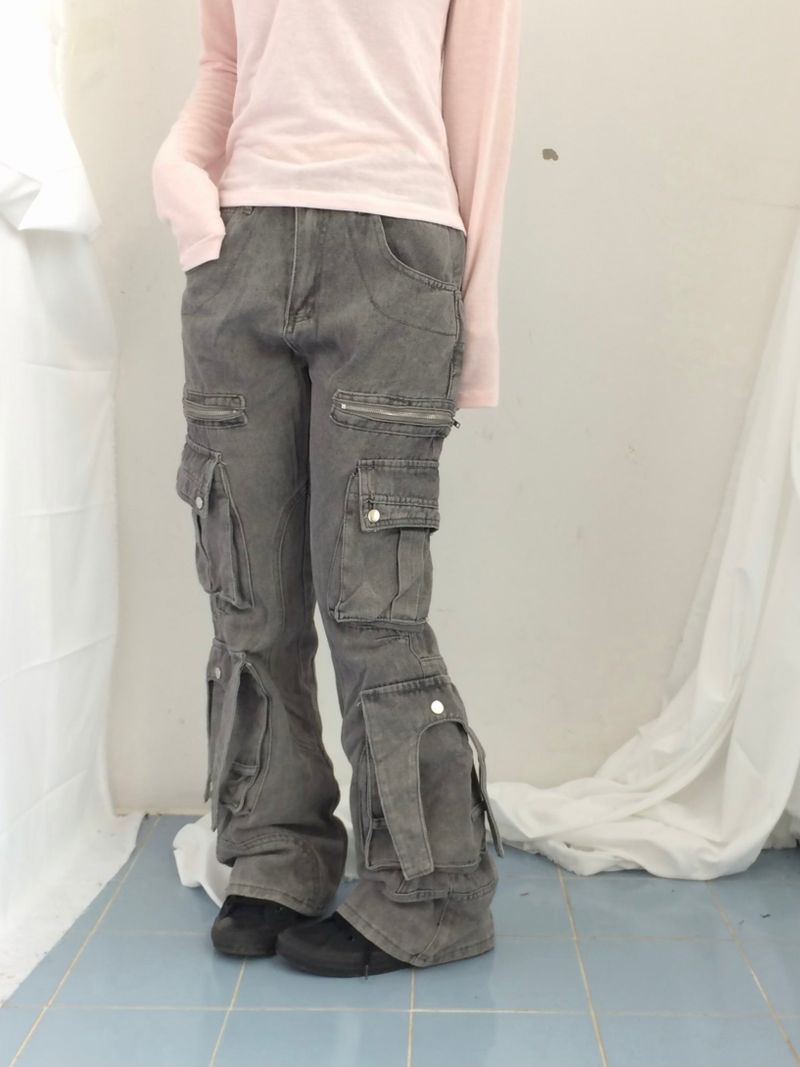 Pocket-line zipper bootcut pants