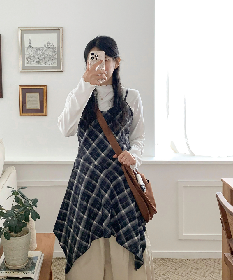 Mute Unbalanced Bustier Checkered Dress