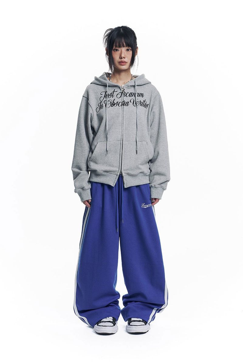 Lettering Embroidered Hoodie Zip-Up - Gray