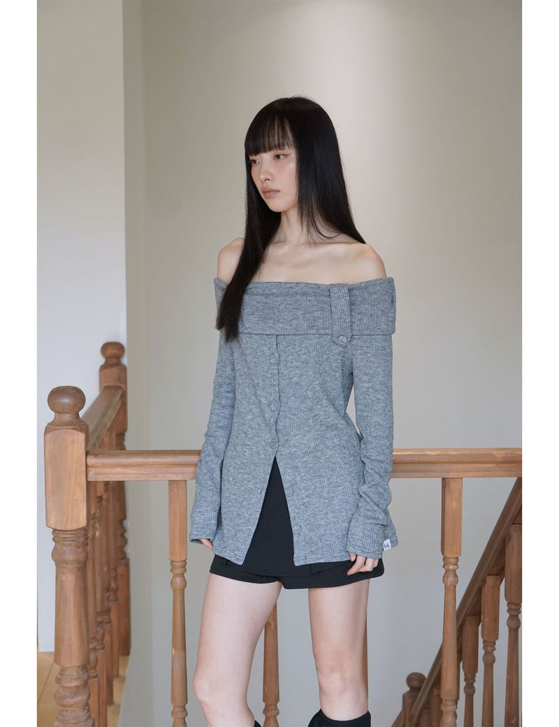BUTTON OFF-SHOULDER KNIT(GREY)
