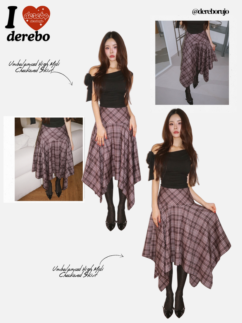 Unbalanced High Midi Checkered Skirt