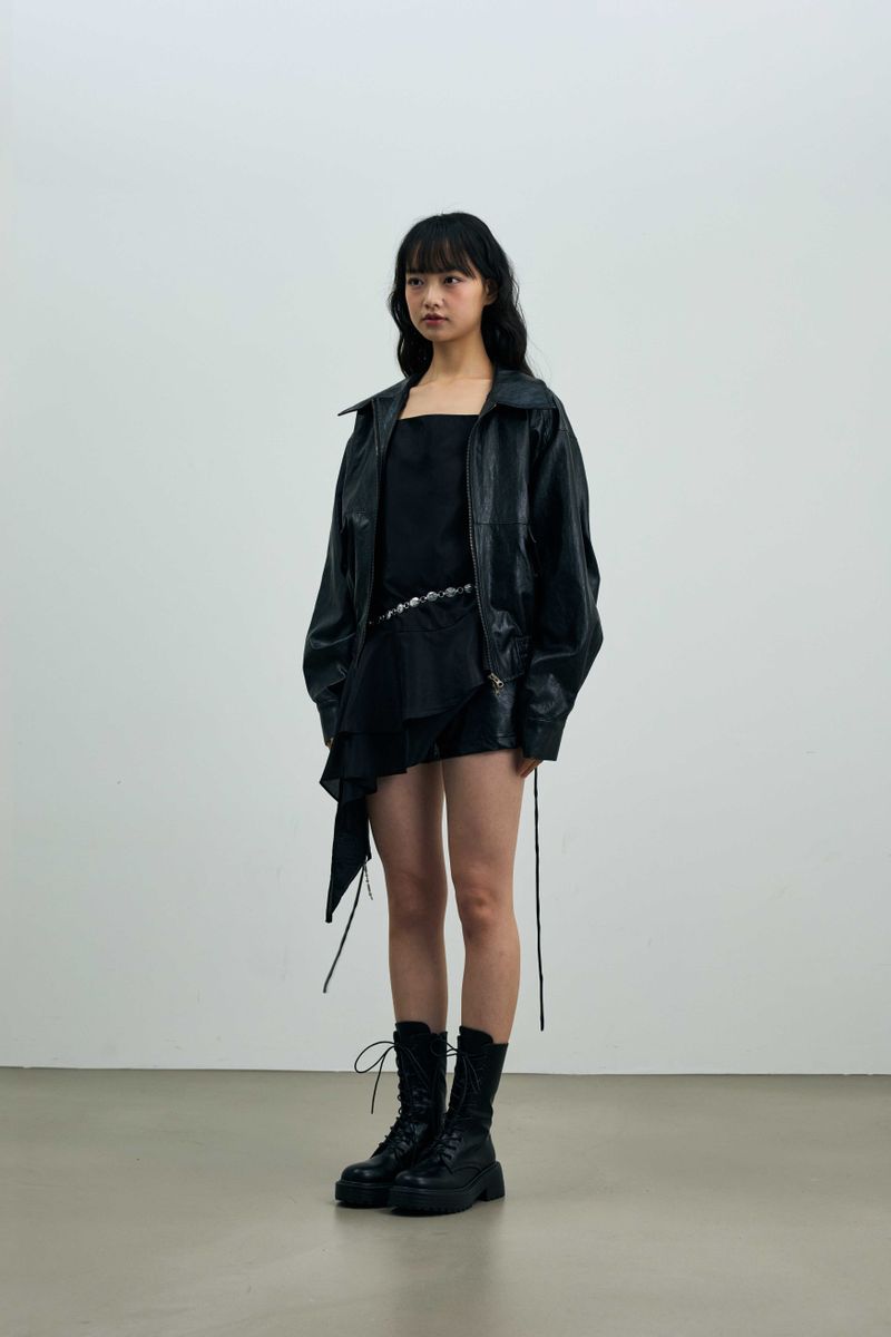PAMELA LEATHER BOMBER JACKET / BLACK