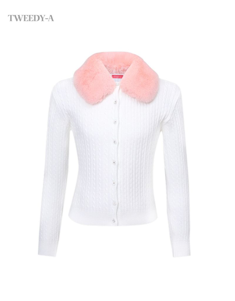 Cloud pink soft fur neck collar cable cardigan 2 colors