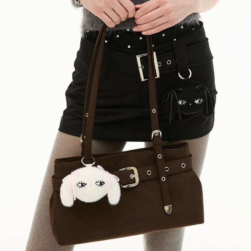 Suede Buckle Strap Tote Shoulder Bag _ Dark Brown