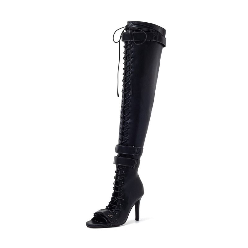 Double Strap Lace-Up Open Toe Boots Heel(Black)